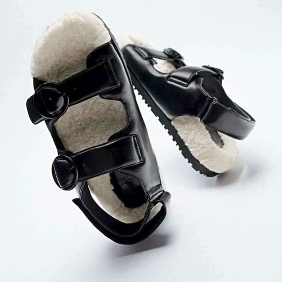 Zara Faux Leather Sherpa Buckle Sandals Chic Cozy Neutral Chunky Black White - Picture 1 of 12